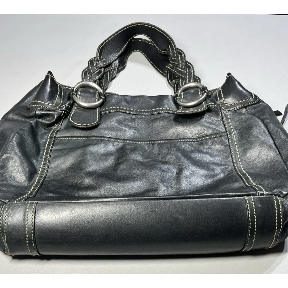 Fossil Leather Handbag Shoulder Tote Bag Black Large Braided Straps Key Charm - Picture 4 of 16